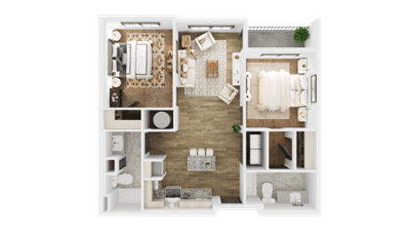 Floor plan for 2 beds, 2 baths, 1011 sqft